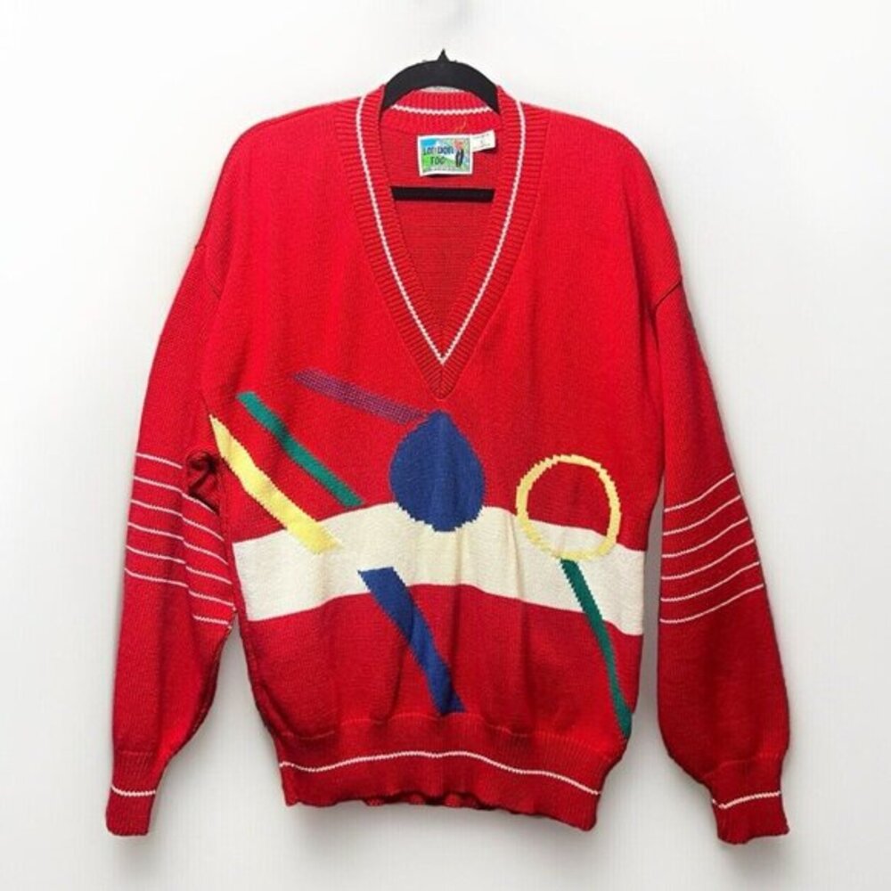 London Fog Red Geometric V-Neck‎ Cotton Sweater Mens Large Abstract Pattern